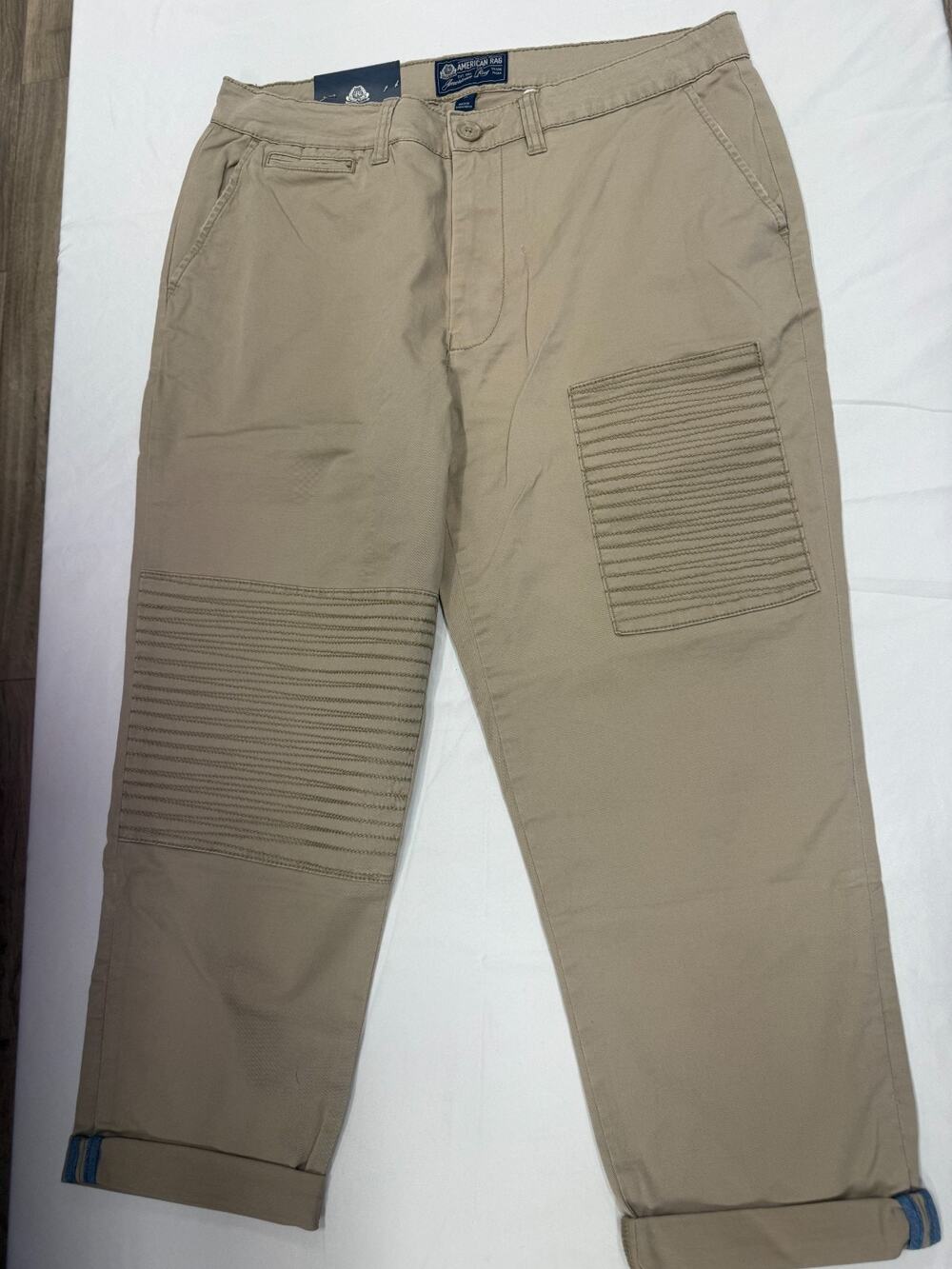 American Rag CIE Men's Slim Fit Khaki Chino Pants Size 31 Stretch Moto Patch Tan